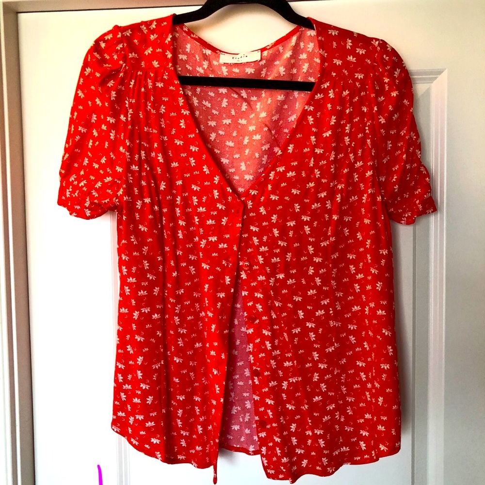 Button up red flowy top with white floral details